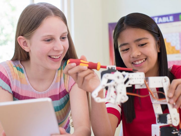 Two Female Pupils In Science Lesson Studying Robotics